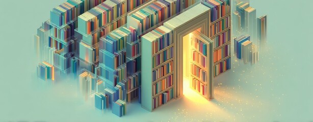 Abstract isometric library with a glowing doorway
