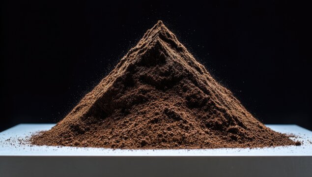 A pyramid of dark-brown powder, sharply angled, rests on a white surface against a black backdrop.  Powder appears slightly uneven, with some fine particles in the air