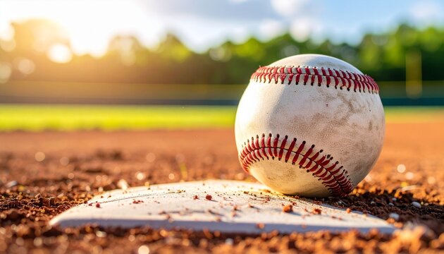 A classic baseball rests on home plate on an empty field during a warm, golden sunset - Powered by Adobe
