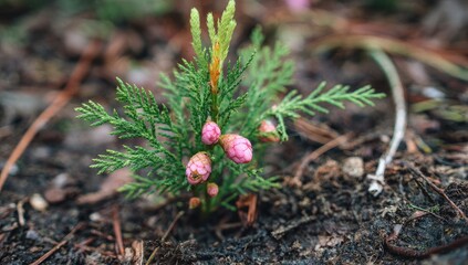 Close-up of a young conifer seedling with delicate pink buds