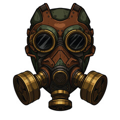 A detailed illustration of a rusty weathered steampunk gas mask with dual bronze filters and dark goggles.