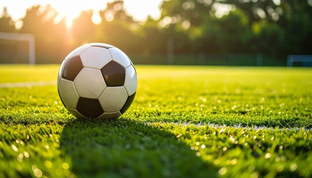 Golden hour illuminates a classic soccer ball on a vibrant green sports field, ready for play - Powered by Adobe