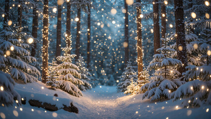 Fototapeta premium Christmas winter forest path with snow-covered trees and glowing holiday lights, magical bokeh atmosphere at dusk