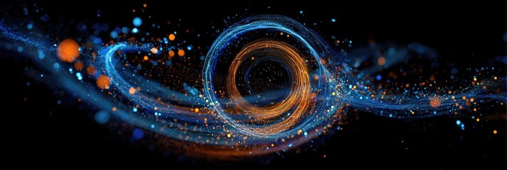 Abstract swirling vortex of luminous particles.  Dynamic swirling patterns of blue and orange particles on a black background, with central circular vortex