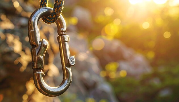 Ascending Heights A Climber's Carabiner Reflecting Sunlight Amidst Rugged Terrain