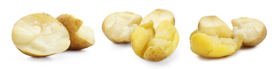 Tasty boiled potatoes isolated on white, set