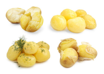 Tasty boiled potatoes isolated on white, collage