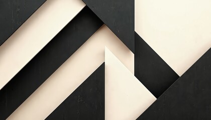 Sleek, modern illustration features clean geometric patterns in neutral tones. Overlapping black, cream shapes create depth. Diagonal lines, triangles offer sharp, contemporary design. Perfect for