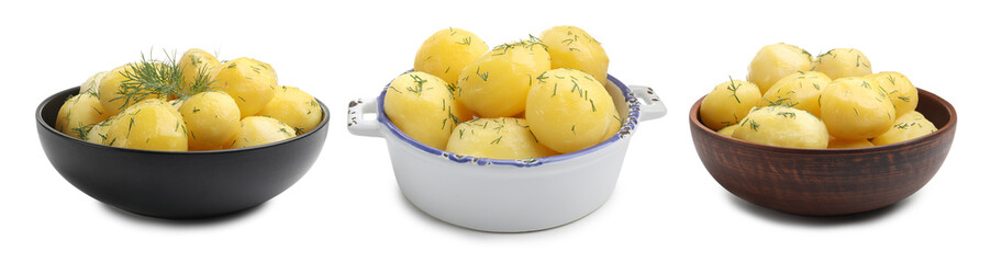 Tasty boiled potatoes with fresh dill isolated on white, set