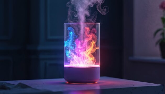 Humidifier emits colorful mist in swirling patterns, adding vibrant neon glow to room decor. Modern device offers soothing ambiance, promoting relaxation, wellness. Innovative technology creates