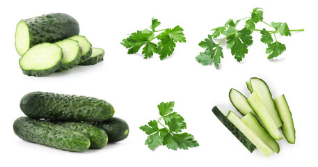 Fresh cucumbers and parsley isolated on white, collage