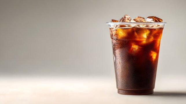 Refreshing Cold Brewed Iced Black Coffee in Plastic Cup on Side View