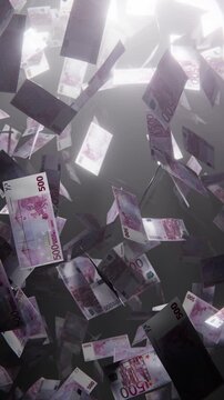 Falling crumpled euro banknotes in the rays of light. A rain of money. 4K 3D loop animation