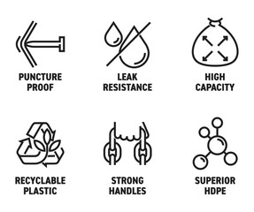 Plastic pack properties - HDPE, Strong handles, Recyclable. High capacity, Leak resistance, Puncture proof