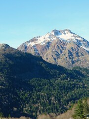 Obraz premium A stunning view of a snow-covered mountain stands tall above a dense forest, bathed in warm sunset light against a clear blue sky