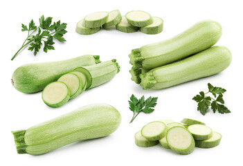 Fresh ripe zucchini with parsley isolated on white, collage