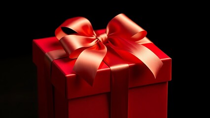 Obraz premium A red gift box with a satin ribbon bow, close-up shot against a dark background.
