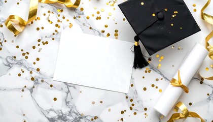 Elegant Graduation Decoration Flat Lay With Marble Background and Copy Space