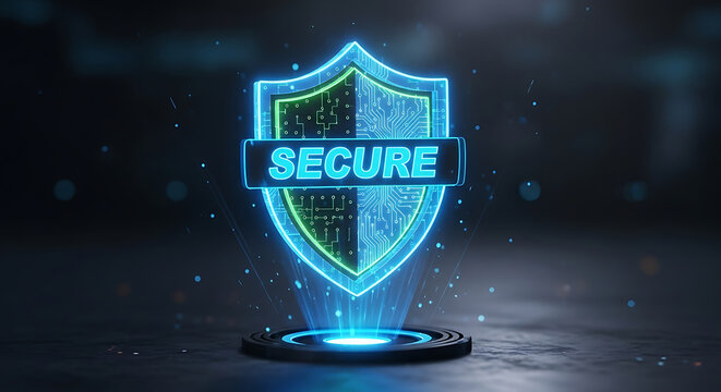 Digital shield with the word secure, representing cybersecurity and data protection