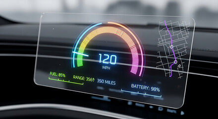 Futuristic car dashboard with digital speedometer and navigation display