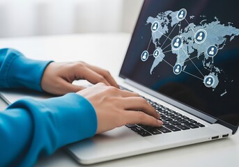 Closeup of hands typing on a laptop with a global network map and people icons displayed on the screen, symbolizing worldwide connectivity