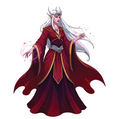A majestic fantasy queen with long white hair wearing a flowing red and purple gown and a silver crown.