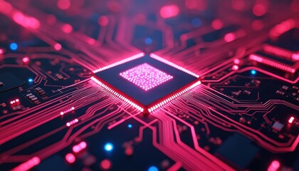 Close-up glowing pink microchip circuit, digital technology illustration with interconnected lines and nodes. Advanced computer hardware, electronic data processing, network connections.