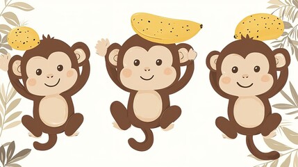 Cute Monkey Holding Two Bananas Cartoon Vector Illustration: Children's Book Style, Simple Flat Design, Brown & Beige Palette, Tropical Rainforest Setting, White/Transparent Background (Monkey Hanging