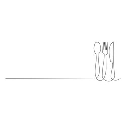 Continuous Single Line Drawing of spoon, fork and knife, Minimalist Monoline Cutlery Illustration, Simple Contour Vector of Kitchen Utensils on White Background for Dining, Cafe and Restaurant Design