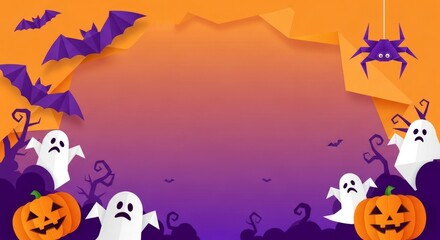 Layered Halloween Scene with Torn Paper Frame and Spooky Characters.