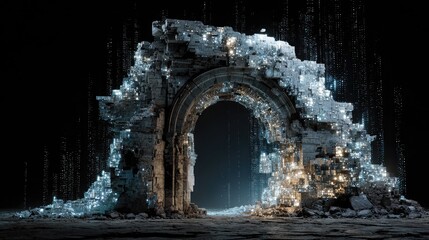 Ancient archway, illuminated by digital particles, ruins, dark background