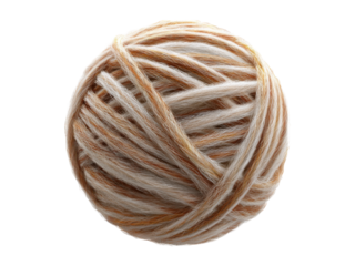Isolated white ball of string, a tangled skein of natural twine with a brown yarn fiber