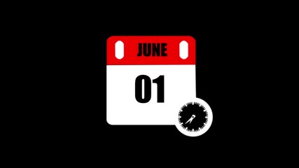 01 June Date Calendar Icon Animation ,June month 01 date calendar icon clock animation. Digital calendar month concept design. stunning 4k animation.