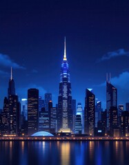 Obraz premium A stylized nighttime cityscape, dominated by a tall, slender skyscraper, illuminated with blue lights, reflected in calm dark water. Other buildings are silhouetted against a deep blue night sky,