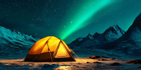 Travel adventure tent northern lights snowy mountain starry night landscape