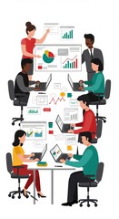 Diverse team collaborating on data analysis and presentation in the office