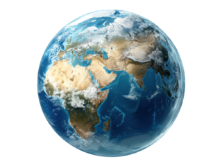 Realistic 3D model of planet Earth showcasing Africa and Europe continents with detailed land and water features, Isolated On Png Transparent Background