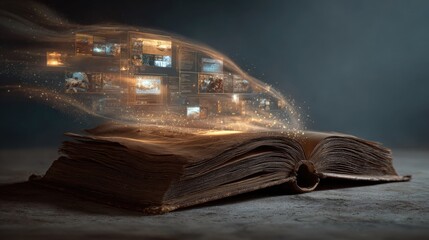 Open antique book, glowing images swirling