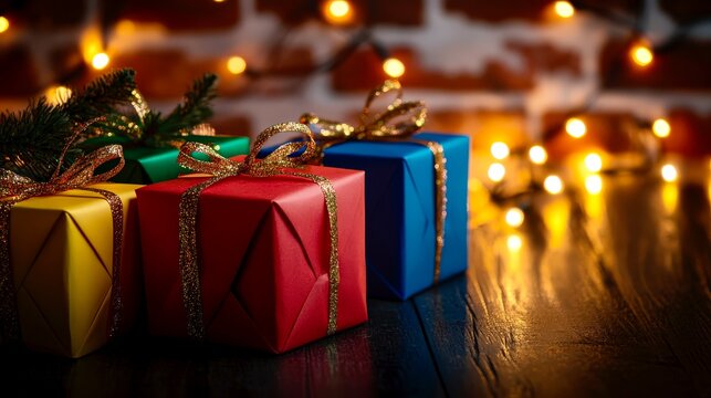Colorful gift boxes with string lights festive holiday celebration concept