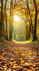 Autumn forest path glowing sunlight golden leaves peaceful natural landscape