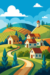 Charming village scene with houses nestled in rolling hills, perfect for travel, tourism, and idyllic lifestyle concepts