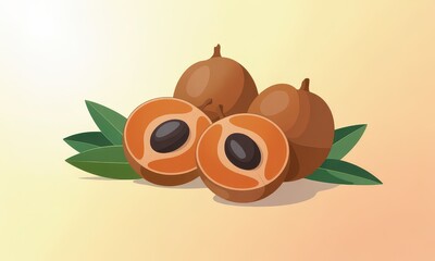 Naklejka premium A stylized illustration of three brown, egg-shaped fruits, two whole and one halved, revealing an orange flesh and dark seeds. 