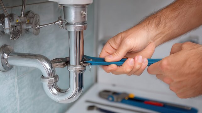 A plumber uses a wrench to fix a leaky pipe under the sink. This is important for maintaining a clean and functional kitchen, as clogged pipes can lead to water damage or other problems.