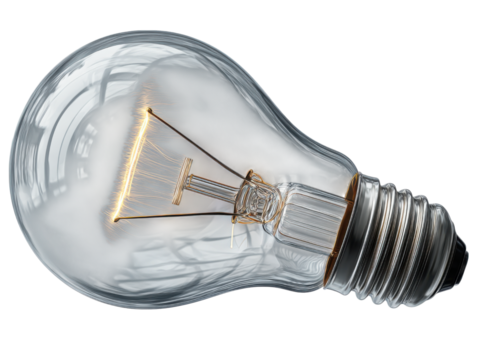 Glowing incandescent light bulb with illuminated filament and metal screw base on black background graphic, Isolated On Png Transparent Background