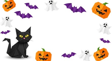 Angular Black Cat on a Spooky Halloween Border with Ghosts and Pumpkins.