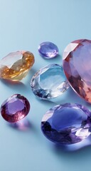 Colorful gems, various cuts, on light blue