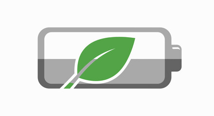 A stylized gray battery icon with a green leaf symbol representing renewable energy and sustainability.