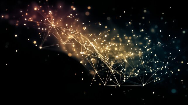 Black background with a line of bright gold and blue dots arranged in a way that they resemble a line of stars