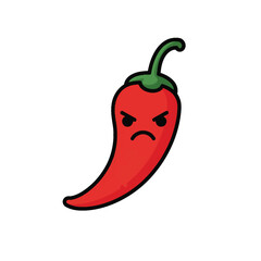 Angry red hot chili pepper cartoon character with a frowning face and green stem.