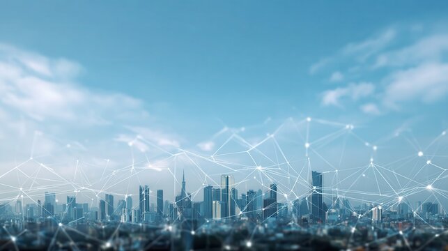 Futuristic cityscape with digital connections and network concept on a blue sky background